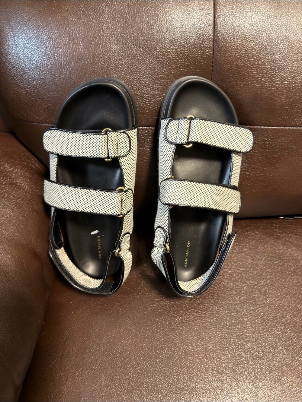 Ann Taylor White and Black Textured Double-Strap Sandals